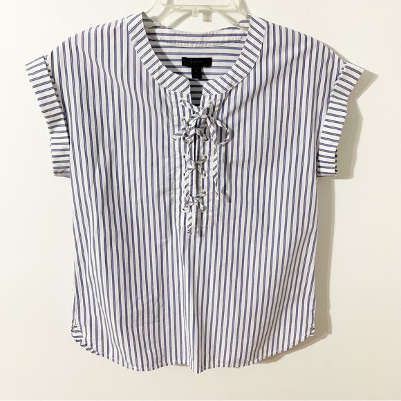 J. Crew Style G3923 100% Cotton Poplin Lace-up Front Popover Striped Blouse 💙🤍 - Picture 6 of 12